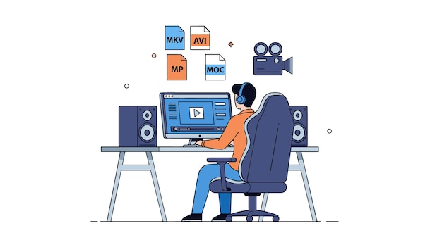 Vector man editing video on a computer with various video file formats