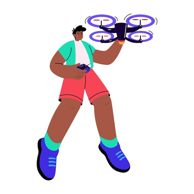 Vector man flying a drone with remote control