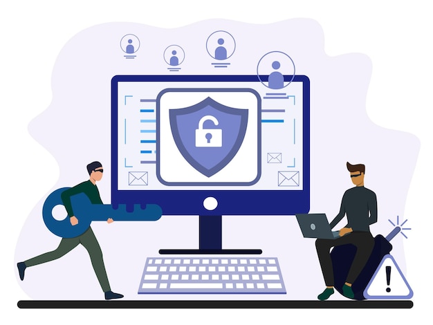 Vector man hacker bring the key and another man using laptop to open acces computer with phishing method