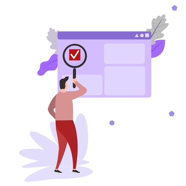 Vector man holding giant magnifier or loupe concept of seo or search engine optimization optimizing website through