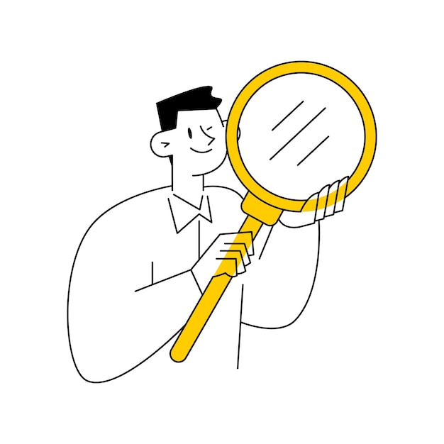 Vector man holding a yellow magnifying glass