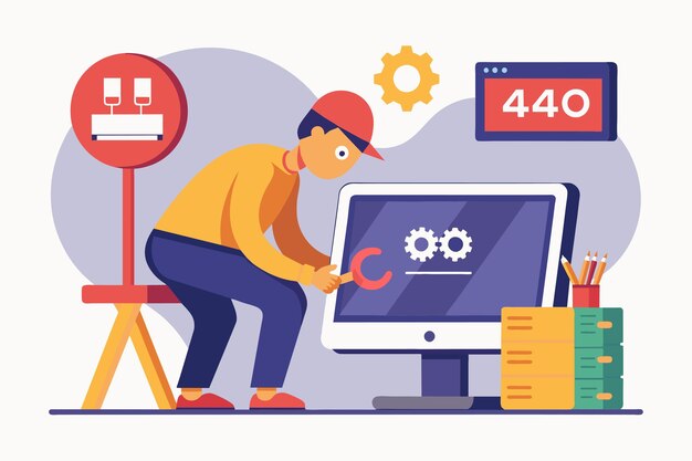 Vector a man is using a wrench to fix a computer displaying an error message repairman fixes computer error page not found flat illustration