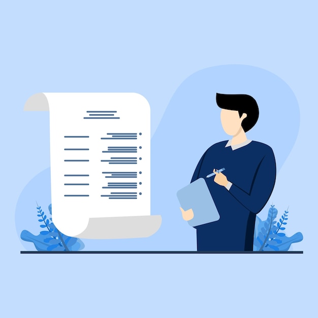 Vector the man is writing down important information on paper, vector illustration flat blue background