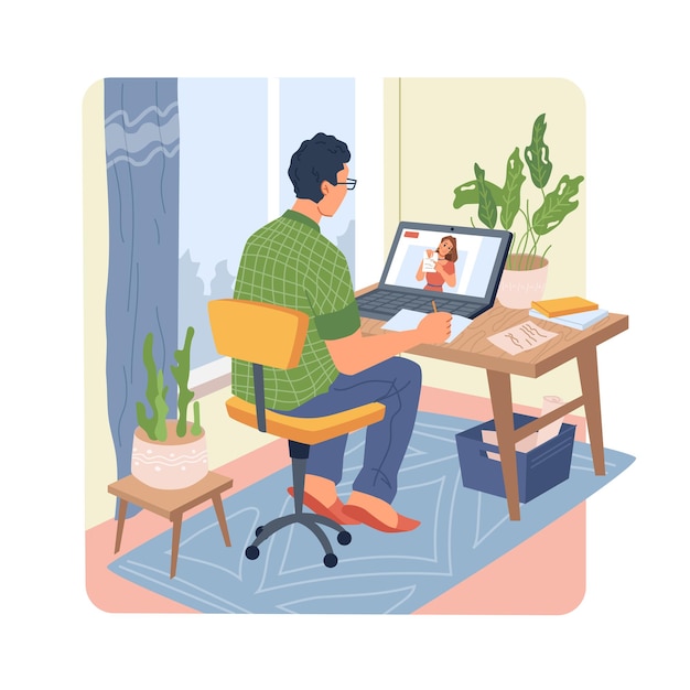 Vector man listen webinar on computer distance education