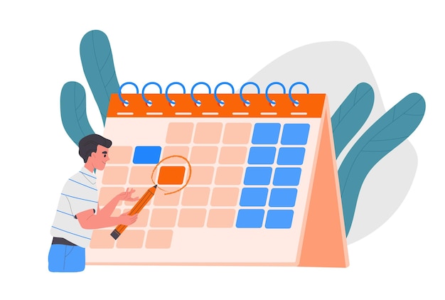 Vector man marks in calendar concept of planning and scheduling deadline and goal setting young guy with