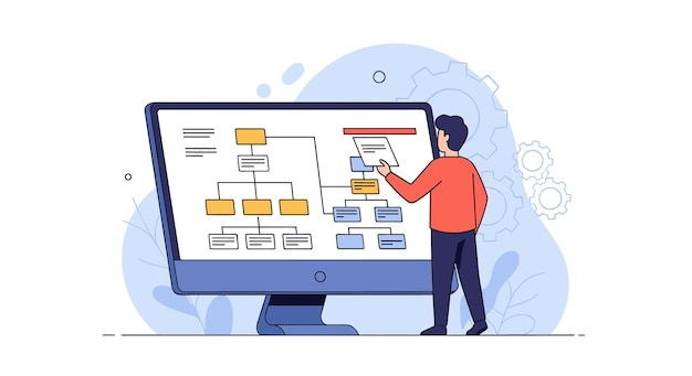 Vector man pointing at a flowchart on a computer screen illustrating workflow and data analysis