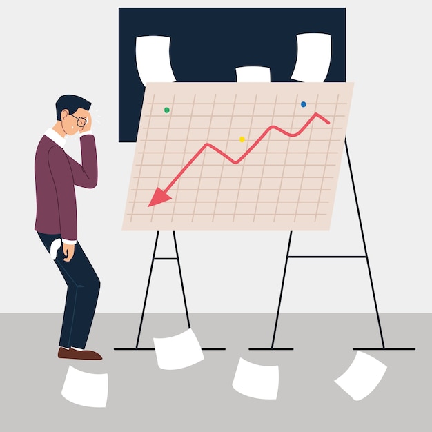 Vector man at presentation standing in front of decreasing chart, financial crisis illustration design