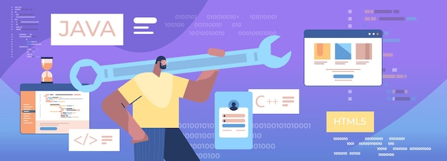 Vector man programmer holding wrench developer optimizes software engineering coding programming testing code concept horizontal portrait vector illustration