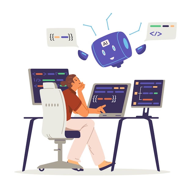 Vector man programmer interacting with artificial intelligence for code generation and editing