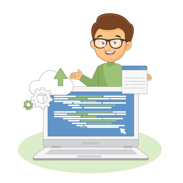 Vector man programmer is working with laptop code programmer coding