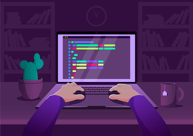 Vector man programmer working on computer with code on screen illustration. programmer working writing code.