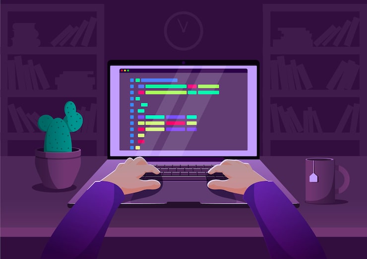 Man programmer working on computer with code on screen illustration. Programmer working writing code.