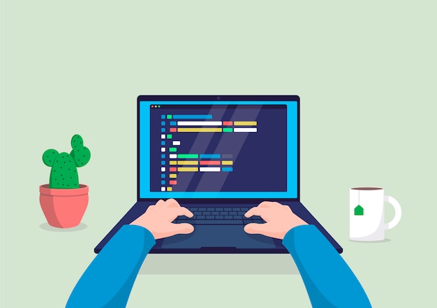 Vector man programmer working on computer with code on screen illustration.