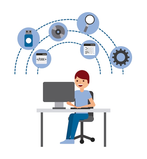 Vector man programmer working on his pc computer coding and programming