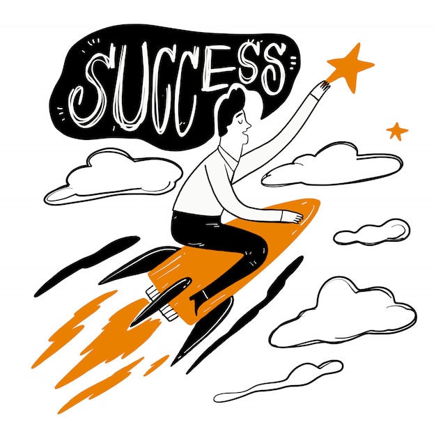 Vector man riding a rocket through the clouds 