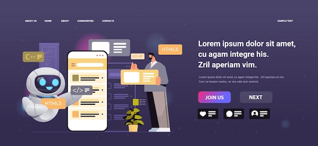 Vector man and robot web developers creating program code on smartphone screen development of software and programming