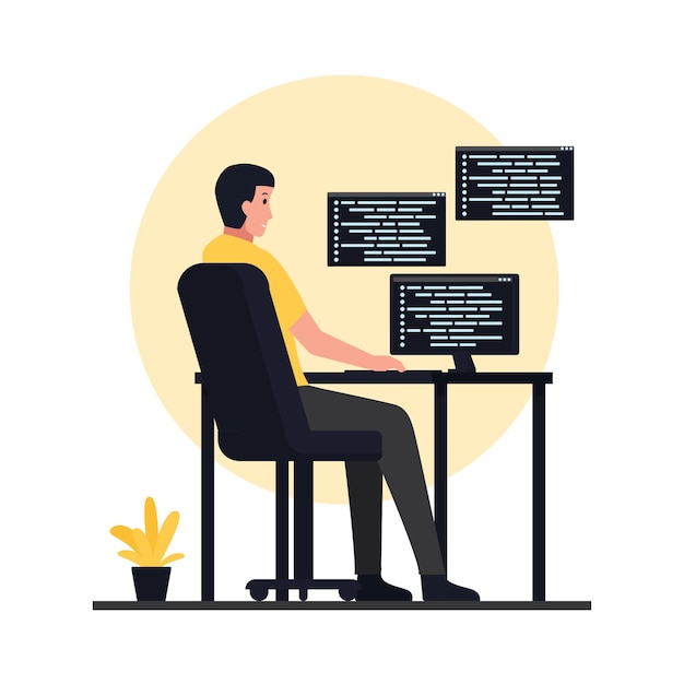 Vector man sit at desks and code applications. flat programming illustration.