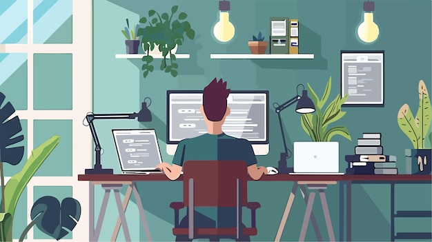 Vector a man sits at a desk with two computers in front of him