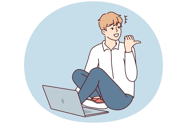 Vector man sitting on floor with laptop and looking back pointing finger doing online working vector image