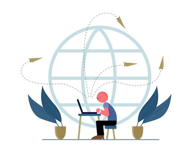 Vector man sitting at laptop organizing and managing time people plan and control time when doing different tasks process of managing schedule vector flat illustration in blue colors