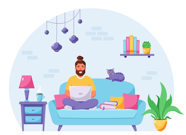 Vector man sitting on a sofa and working on laptop freelancer home office