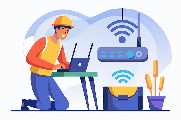 Vector a man sitting at a table working on a laptop while checking a wifi router worker is checking wifi router simple and minimalist flat vector illustration