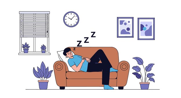 Vector man sleeping on couch relaxing at home