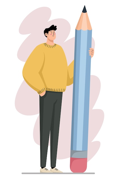 Vector man standing beside a giant pencil an illustration about education and creativity