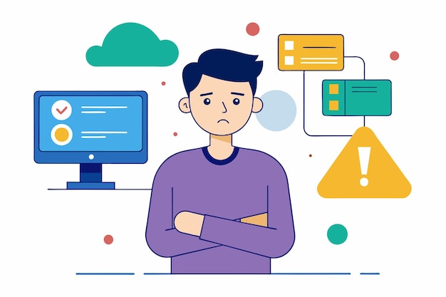 Vector a man standing in front of a computer screen experiencing a system error man experiences system error simple and minimalist flat vector illustration