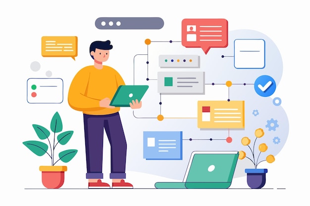 Vector a man standing in front of a laptop computer troubleshooting network problems on website pages troubleshooting network problems on website pages simple and minimalist flat vector illustration