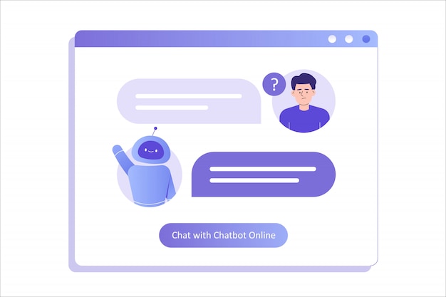 Vector man talking with chat bot in a big user interface