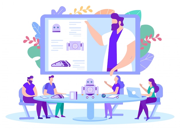 Vector man teaches lesson in robotics online. vector.