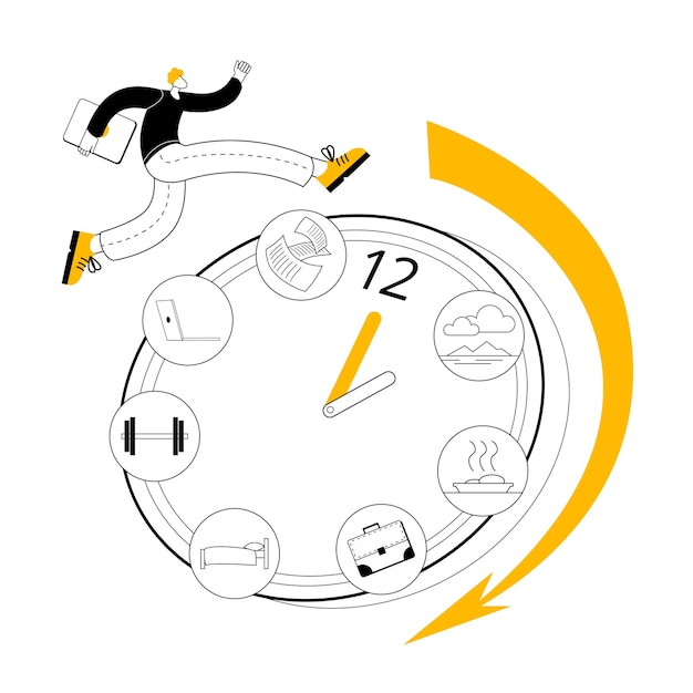 Vector man trying to catch up with time clock with daily routine