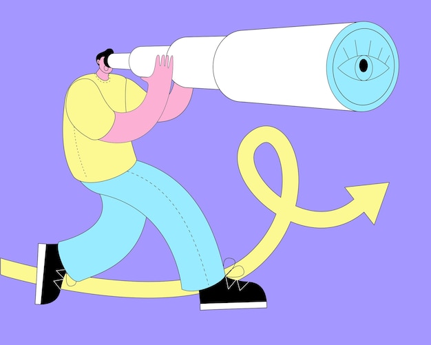 Vector man in tshirt looks through telescope