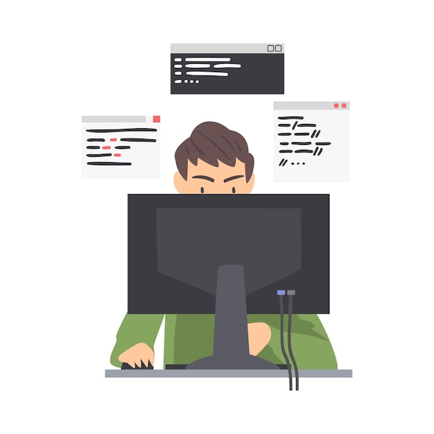 Vector man web developer or programmer working in front of computer screen vector illustration