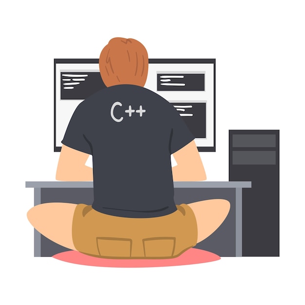 Vector man web developer or programmer working in front of computer screen vector illustration