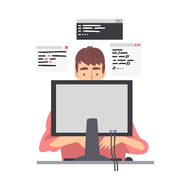 Vector man web developer or programmer working in front of computer screen vector illustration