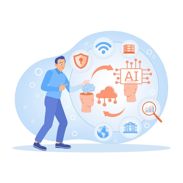 Vector man with ai automated chatbot improve workflow processes project implementation concept