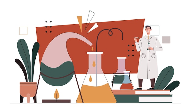 Vector man with chemical processes young guy with medical coat in lab with reagents scientist conduct