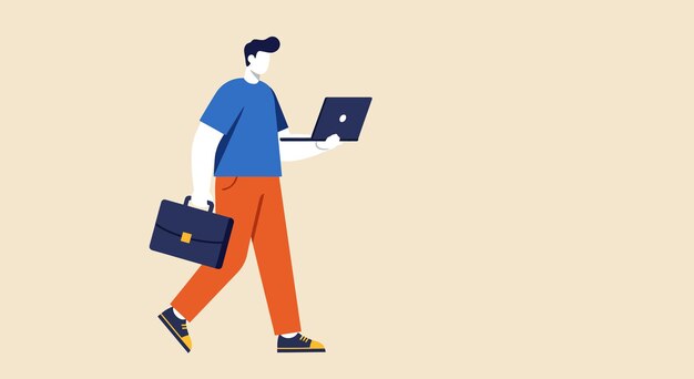 Vector man with laptop and briefcase walking forward