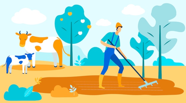 Vector man with rake in garden. 