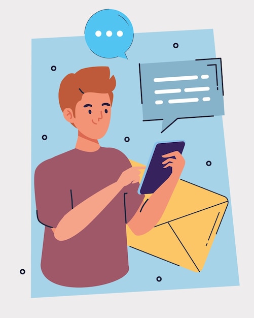 Vector man with smartphone and email