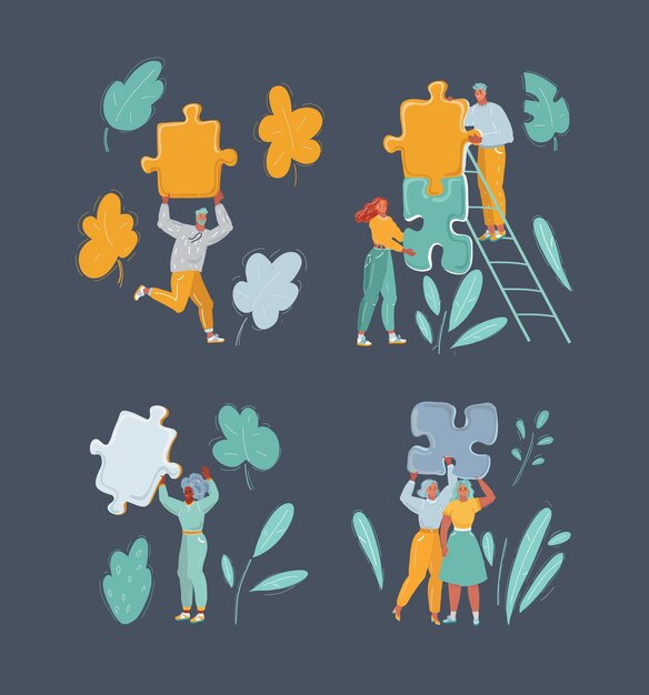 Vector man and woman characters connecting puzzle pieces