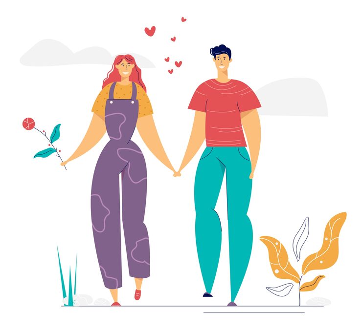 Vector man and woman characters in love are walking together