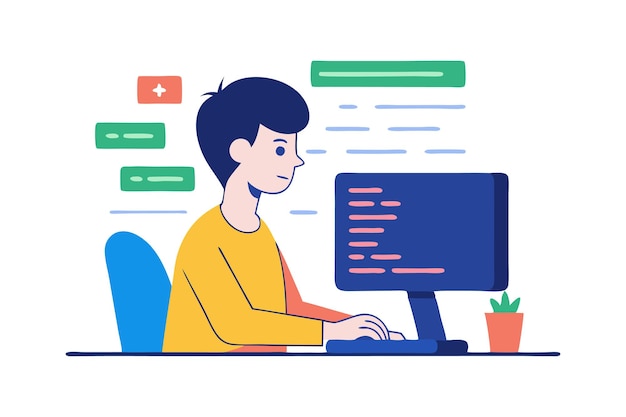 Vector man working on a computer symbolizing coding programming and technology in vector illustration