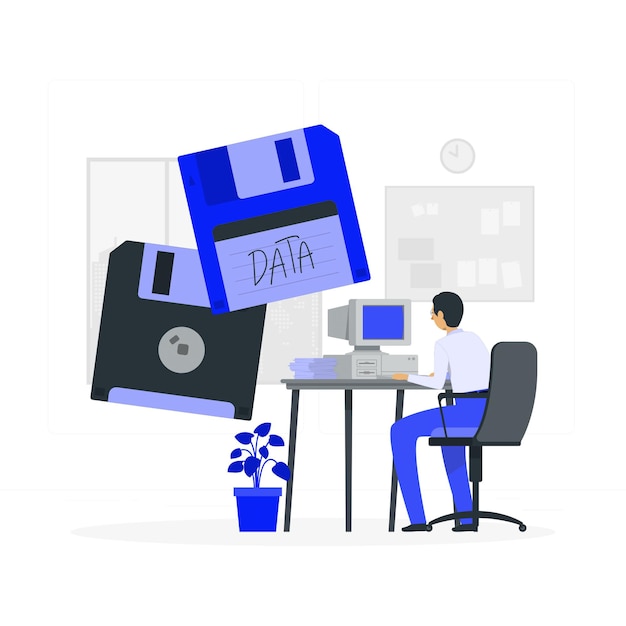 Vector man working on a computer with floppy disks data storage and technology