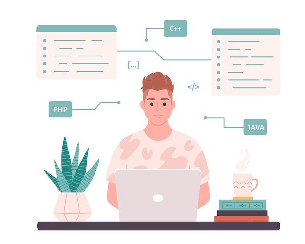 Vector man working on laptop. it developer. programming code. freelance, remote working, programming.
