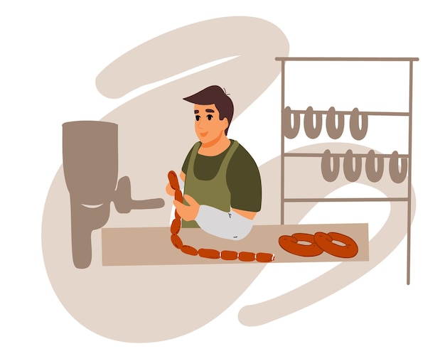 Vector a man working at a sausage stand