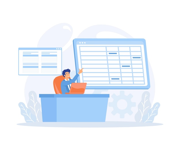 Vector man working with big data and databases making analysis and report with spreadsheets on computer flat vector modern illustration