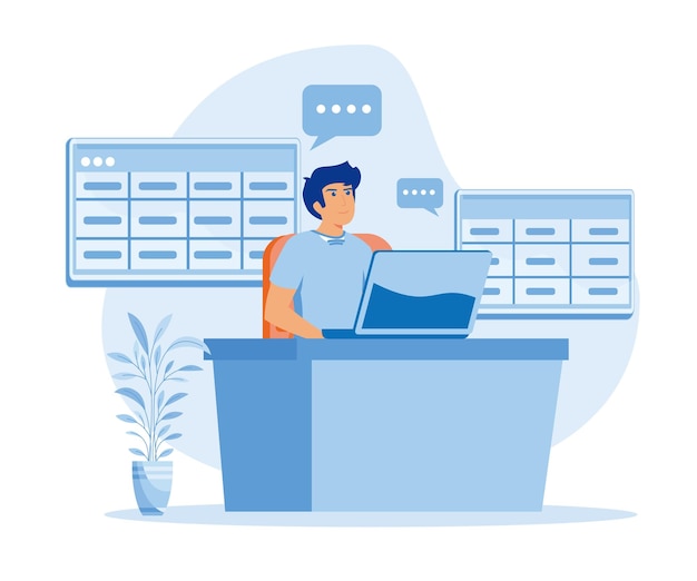 Vector man working with big data and databases using laptop and excel tables flat vector modern